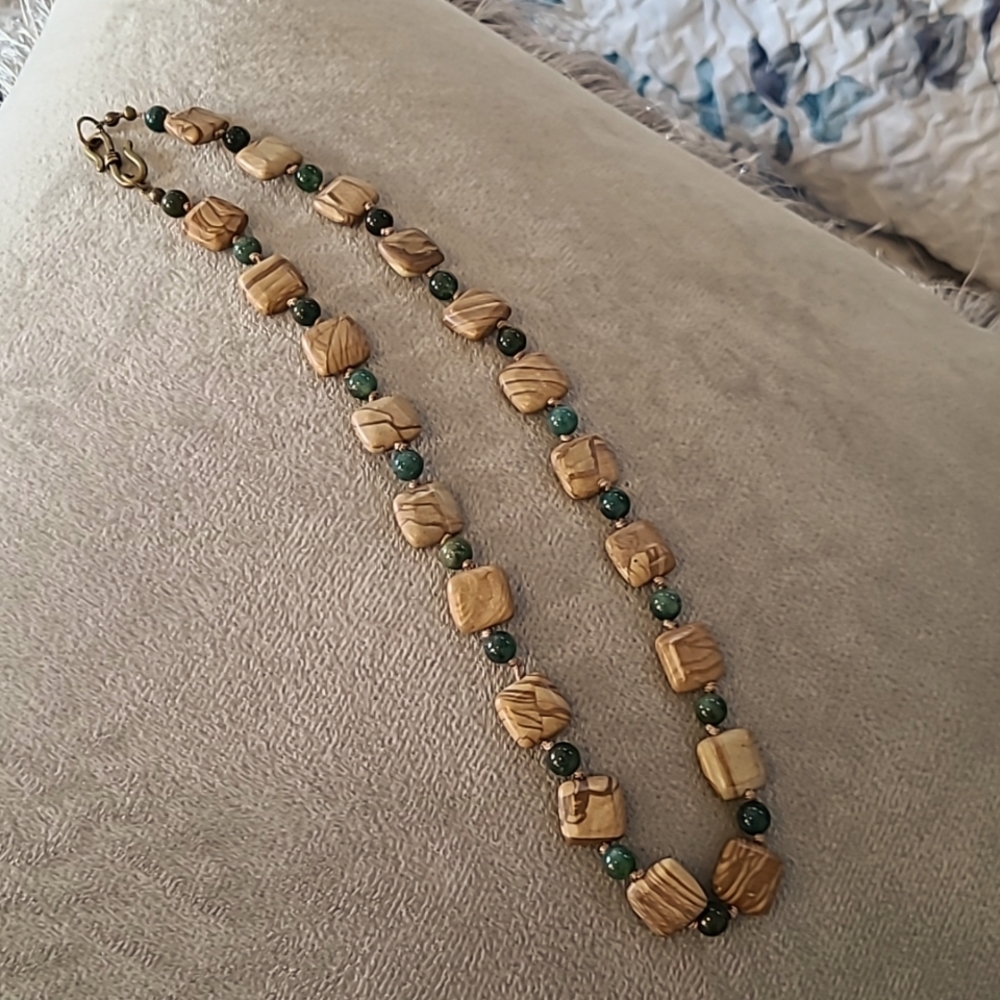 Hand knotted Necklace with Green Jade and Glass Wood Grain Beads